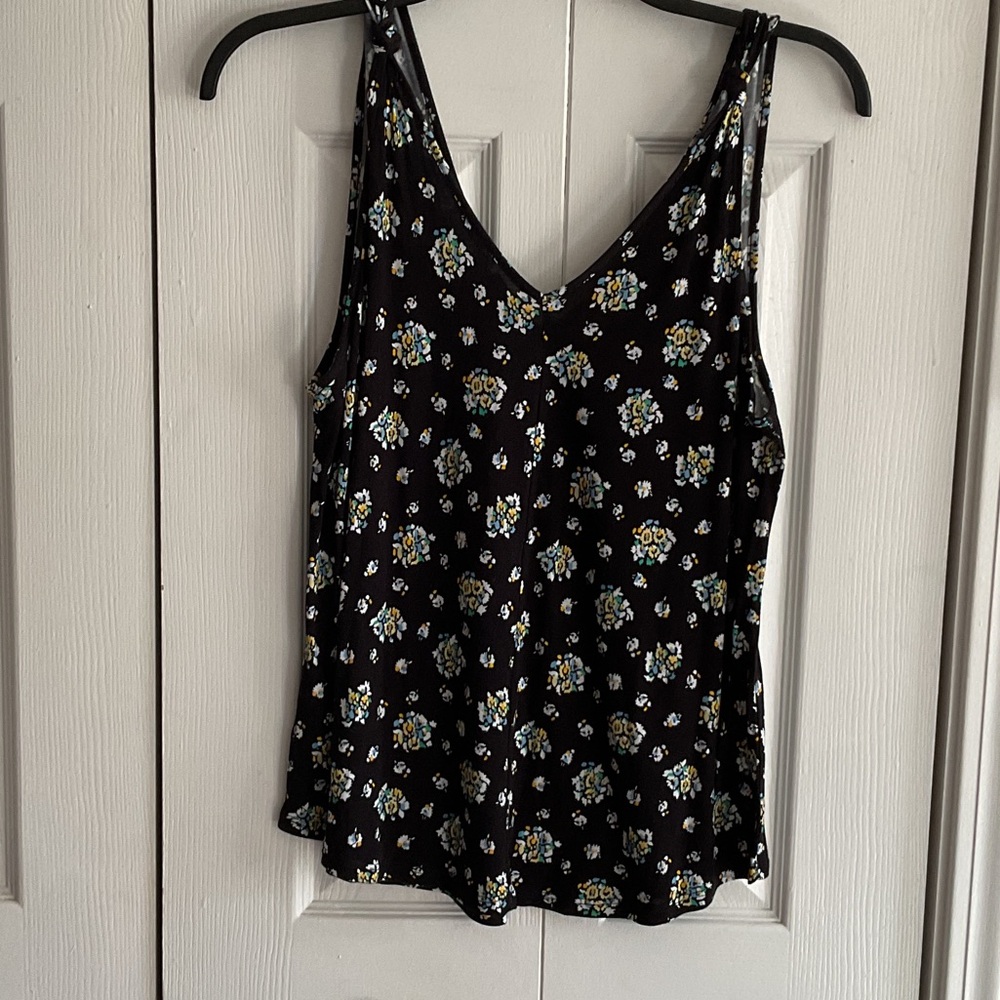LOFT Black Floral V-Neck Camisole with Blue and Yellow Accents